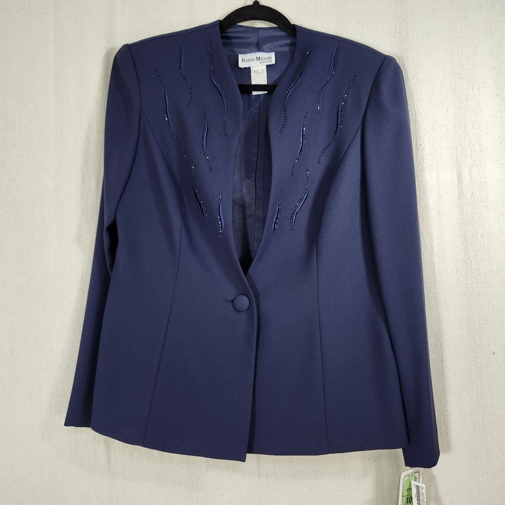 Vintage Karen Miller Womens 10 Navy Blue Beaded Embroidered Blazer Jacket Formal